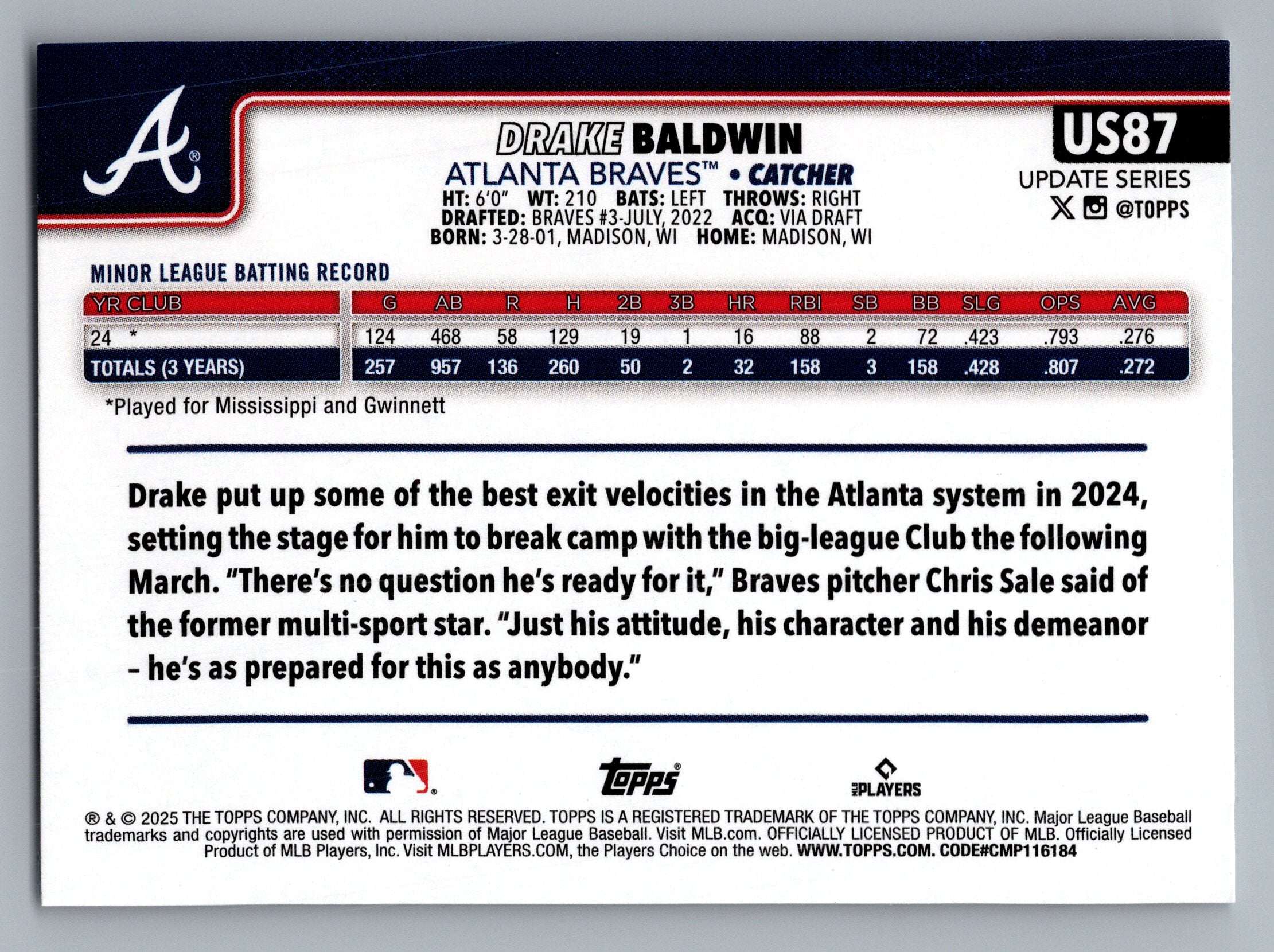 2025 Topps Update #US87 Drake Baldwin