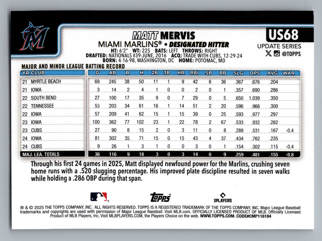 2025 Topps Update #US68 Matt Mervis
