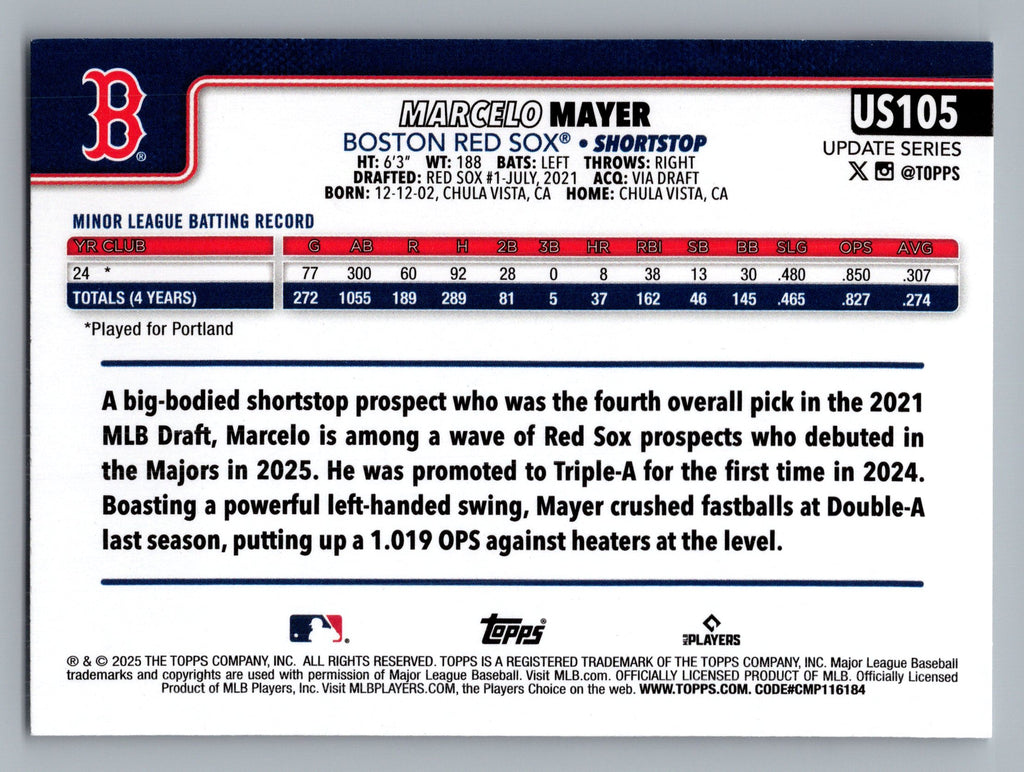2025 Topps Update #US105 Marcelo Mayer