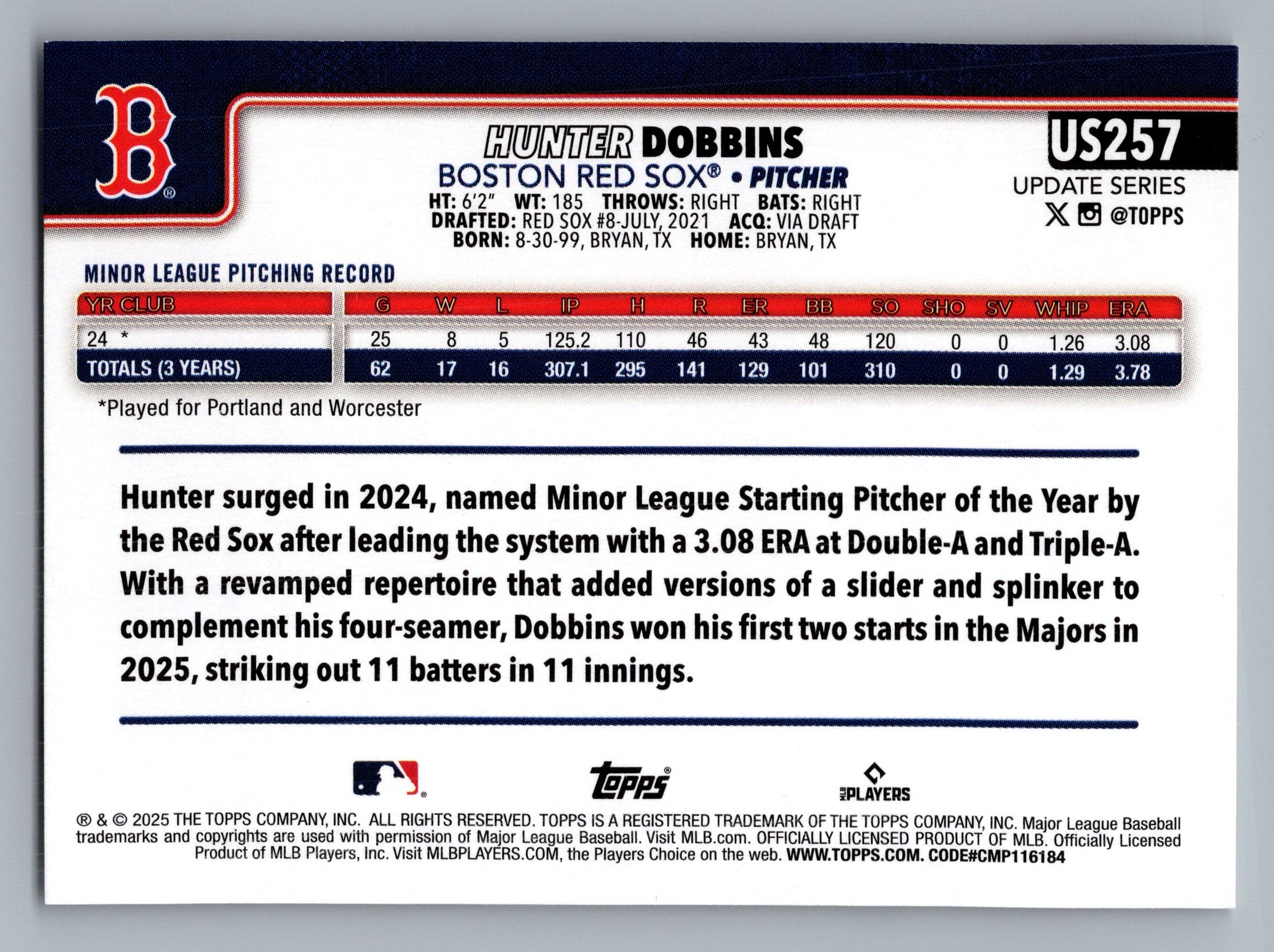 2025 Topps Update #US257 Hunter Dobbins Canvas #/50