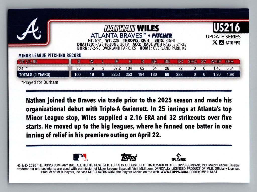 2025 Topps Update #US216 Nathan Wiles