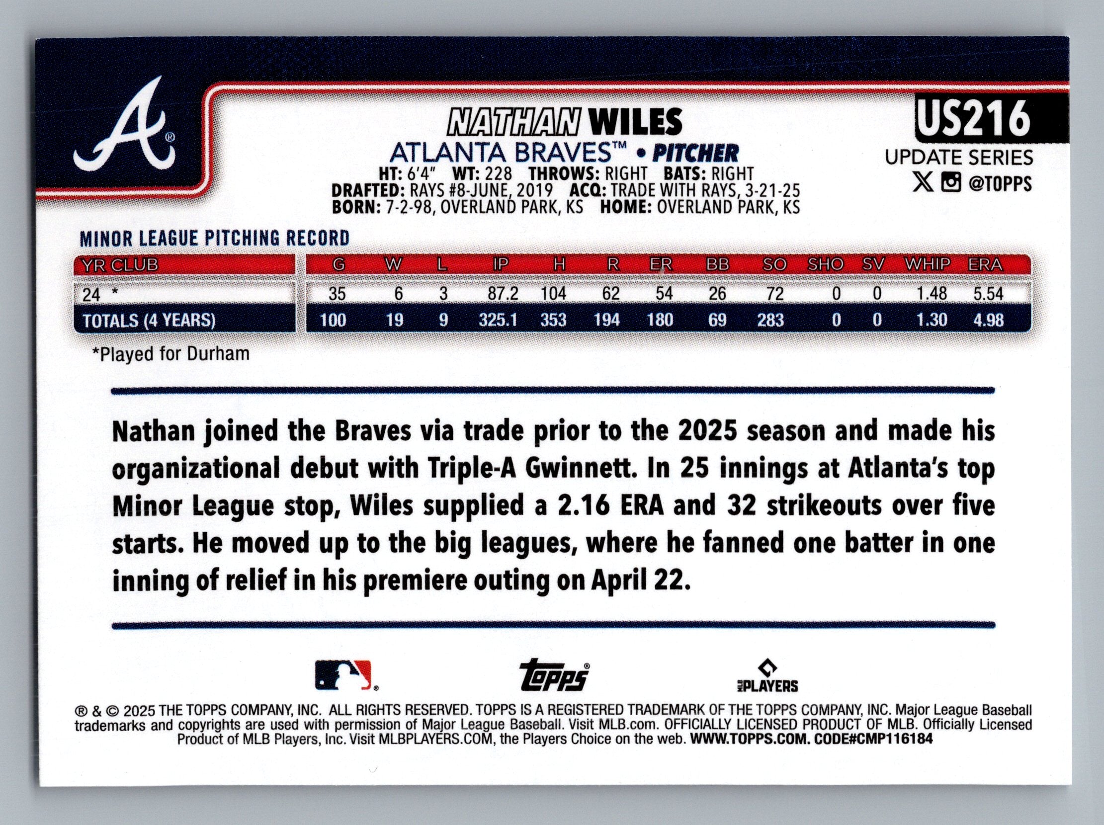 2025 Topps Update #US216 Nathan Wiles