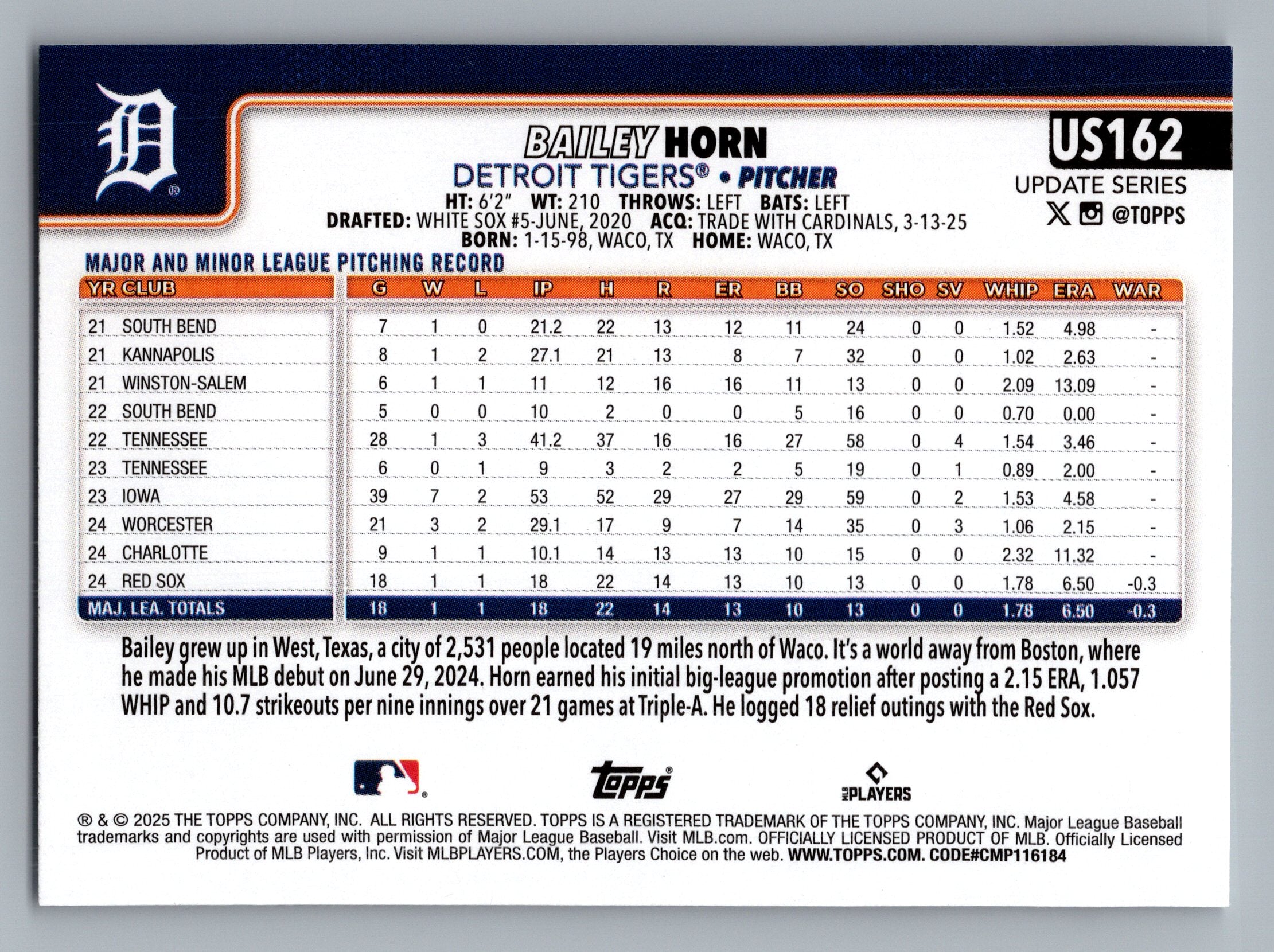 2025 Topps Update #US162 Bailey Horn