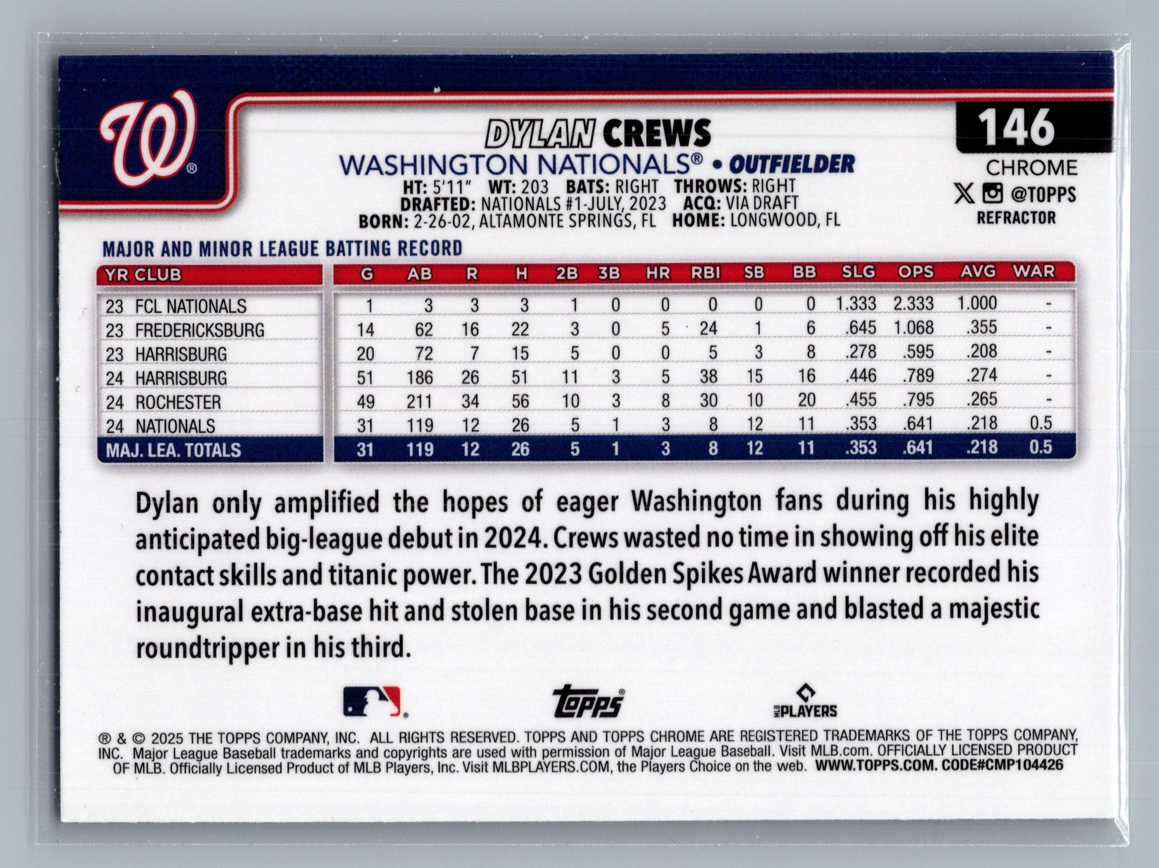 2025 Topps Chrome #146 Dylan Crews Refractors