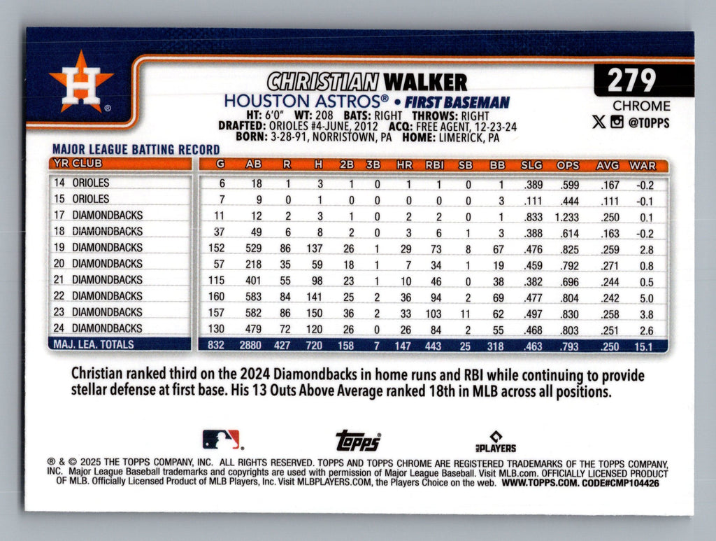 2025 Topps Chrome #279 Christian Walker Sepia Refractors