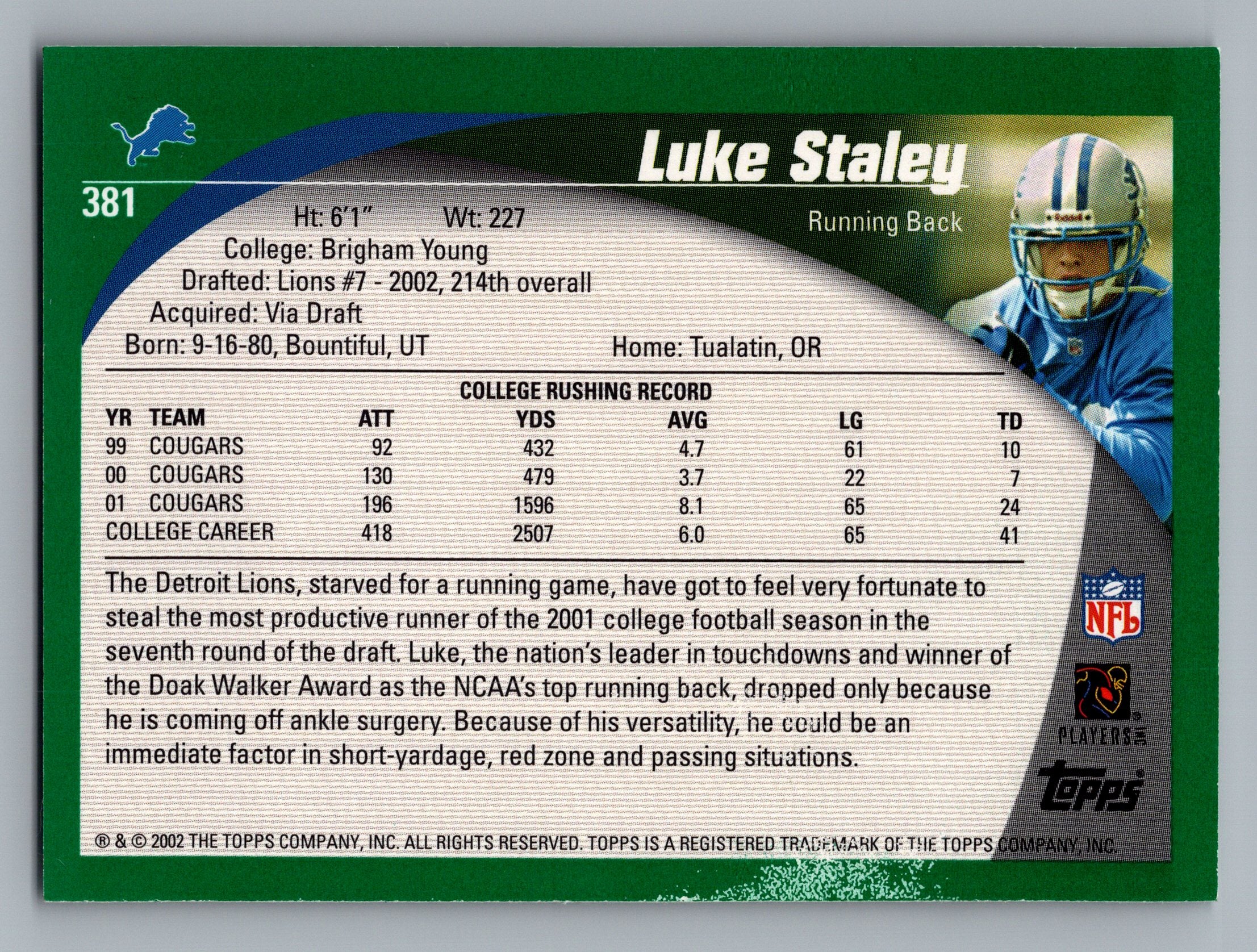 2002 Topps #381 Luke Staley