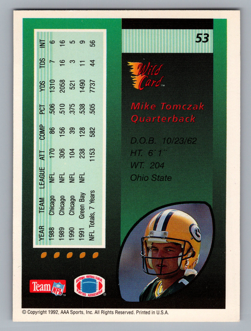 1992 Wild Card #53 Mike Tomczak