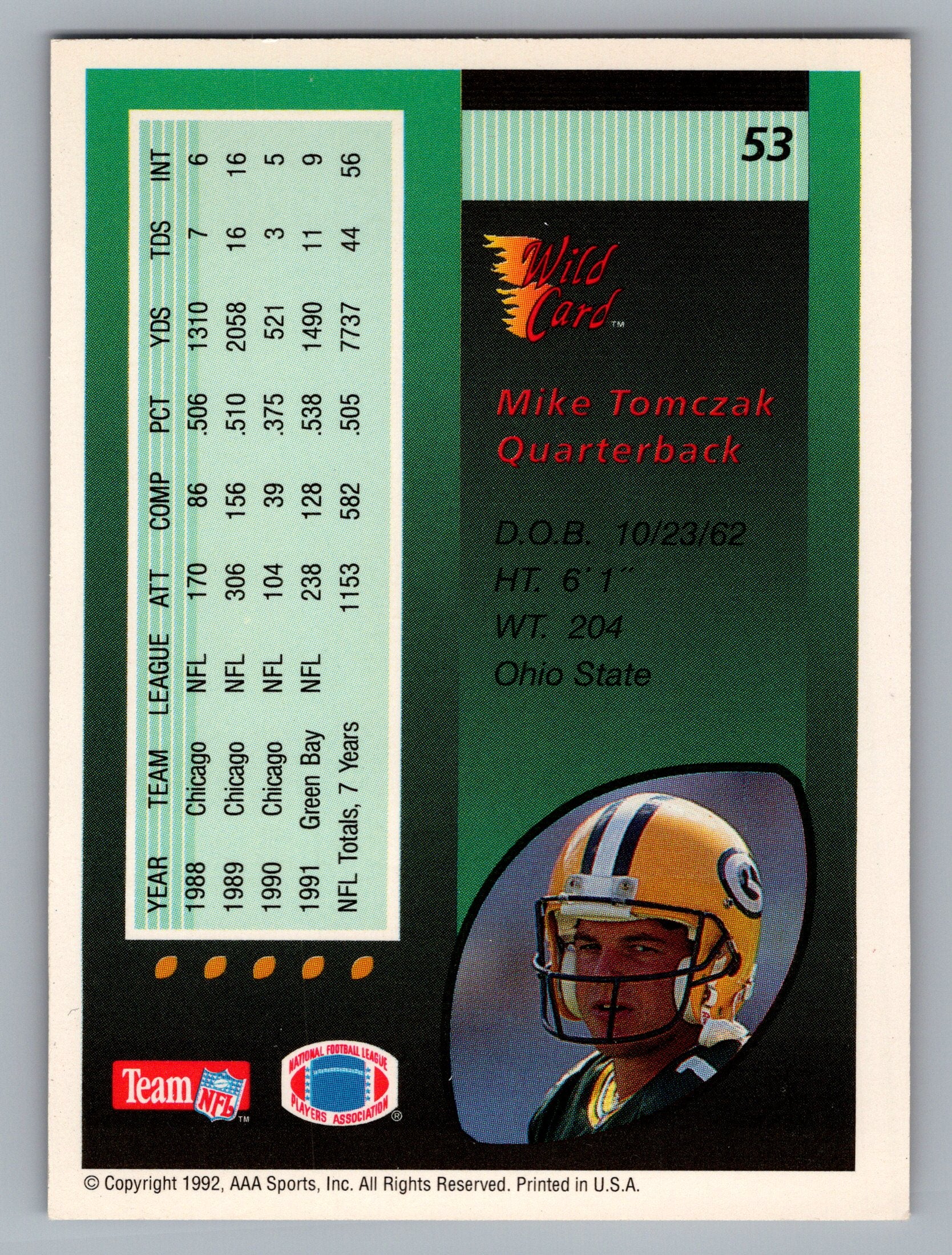 1992 Wild Card #53 Mike Tomczak