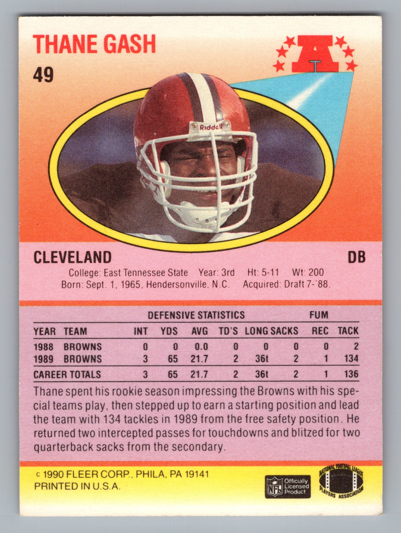 1990 Fleer #49b Thane Gash Right edge of A in AFC logo aligned with blue