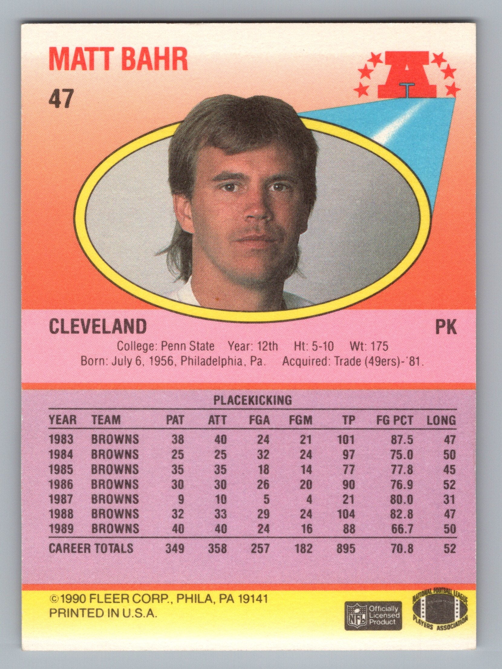 1990 Fleer #47 Matt Bahr