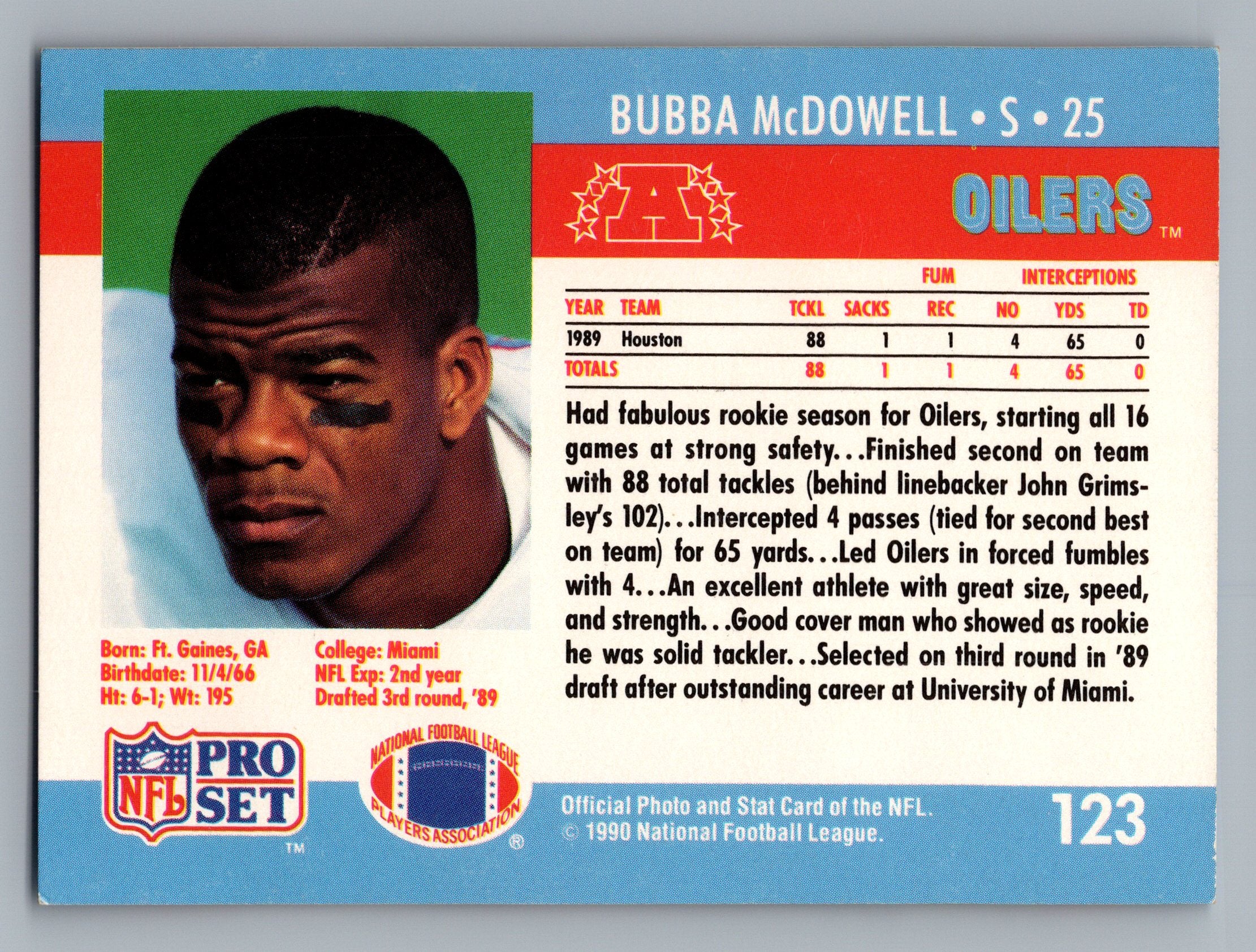1990 Pro Set #123 Bubba McDowell