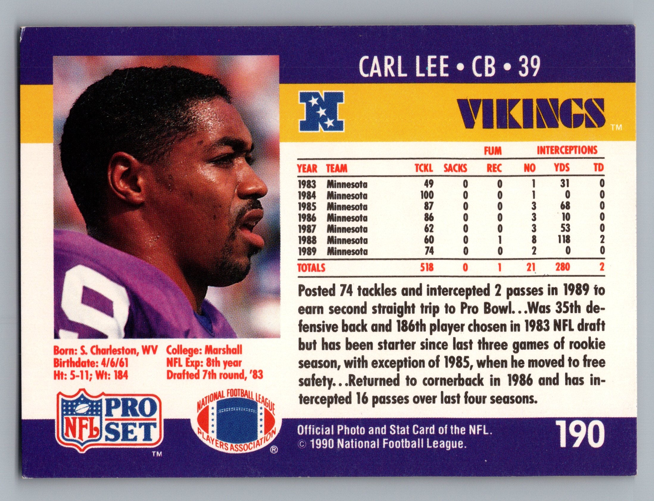 1990 Pro Set FACT Cincinnati #190 Carl Lee