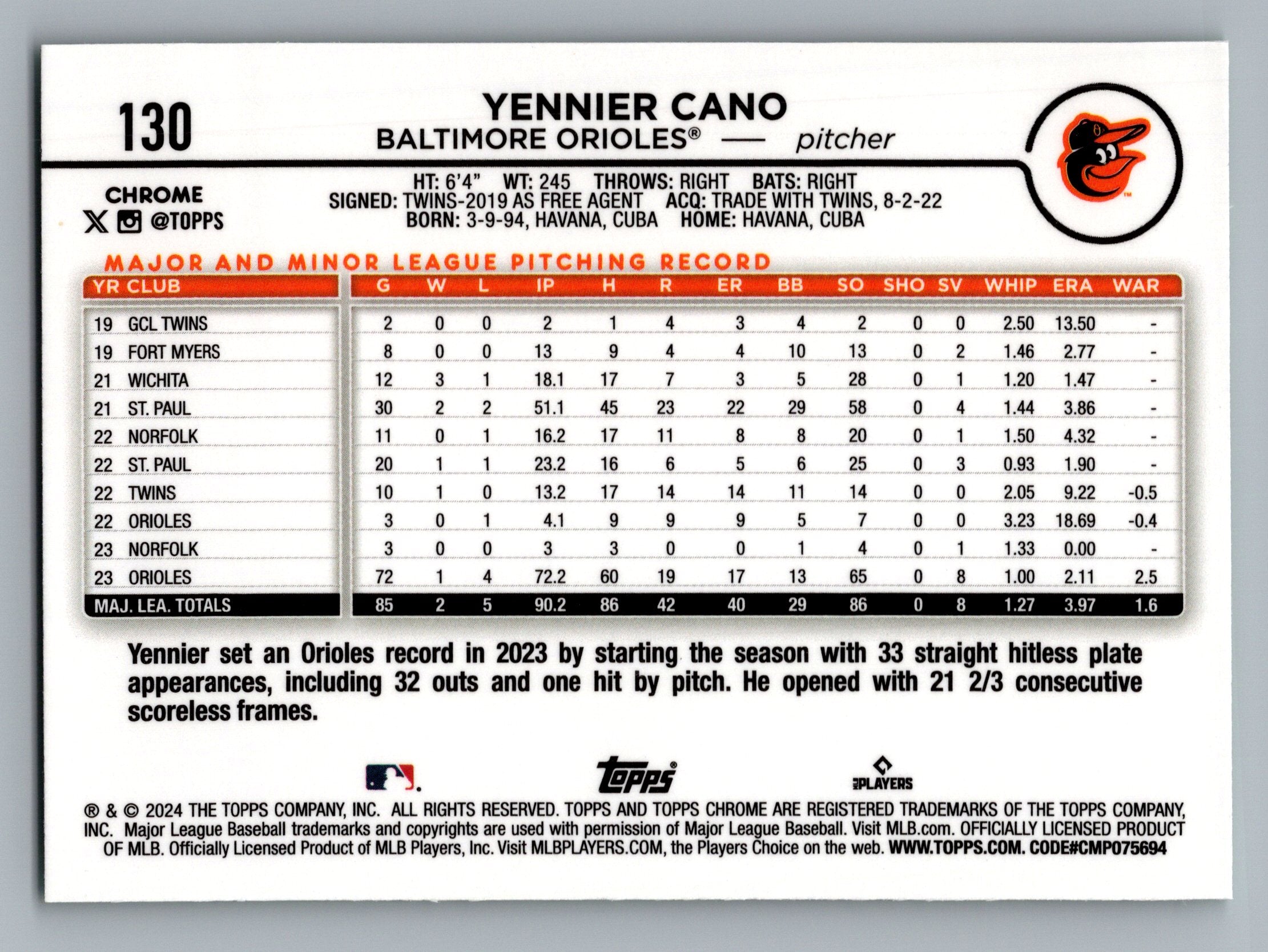 2024 Topps Chrome #130 Yennier Cano Green Raywave Refractors #/99