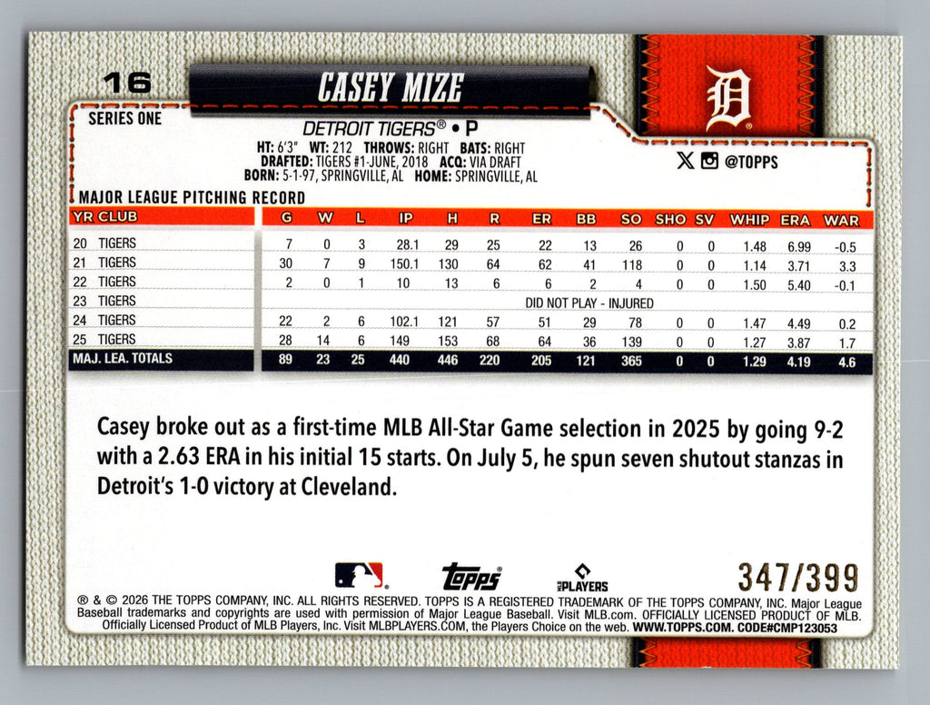 2026 Topps #16 Casey Mize Yellow Rainbow Foil #/399