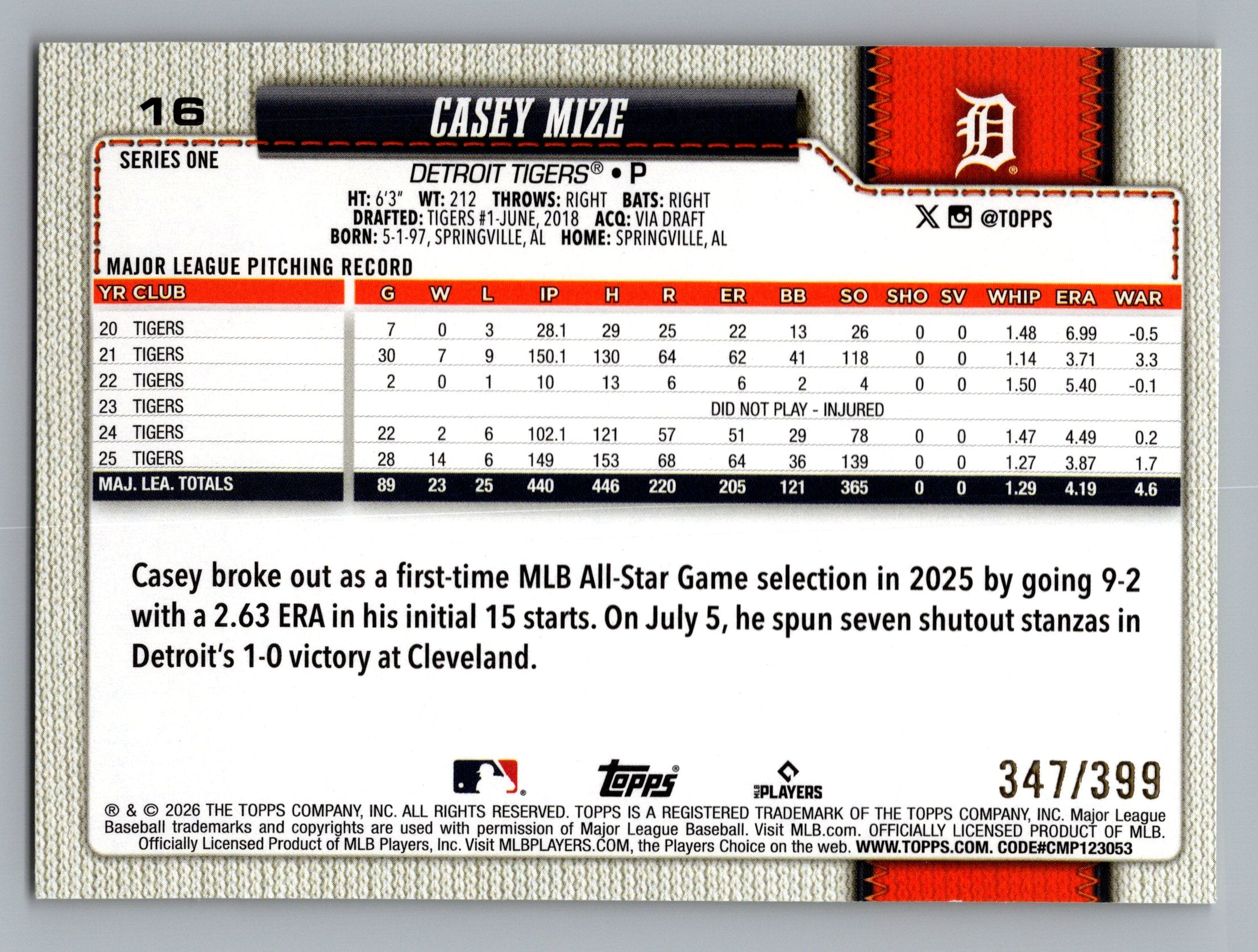 2026 Topps #16 Casey Mize Yellow Rainbow Foil #/399
